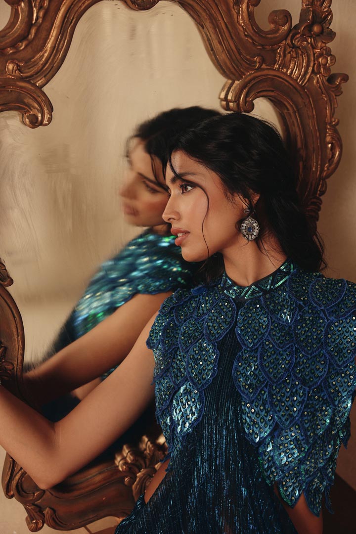 Blue Hand Embroidered Feathers Drape Saree Gown