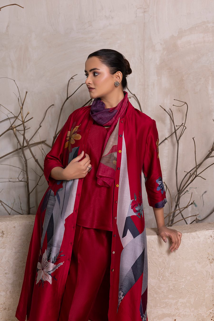 Red Silk Chanderi Printed Front Open Dress (1 PC)
