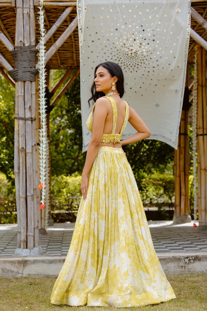 Olive Yellow Viscose Georgette Digital Printed Gathered Lehenga Set