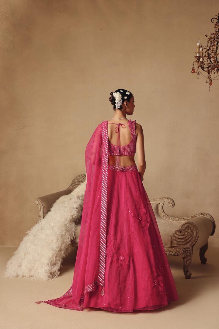 Hand Embroidered Elegant Pink 3D Flowers Lehenga Set