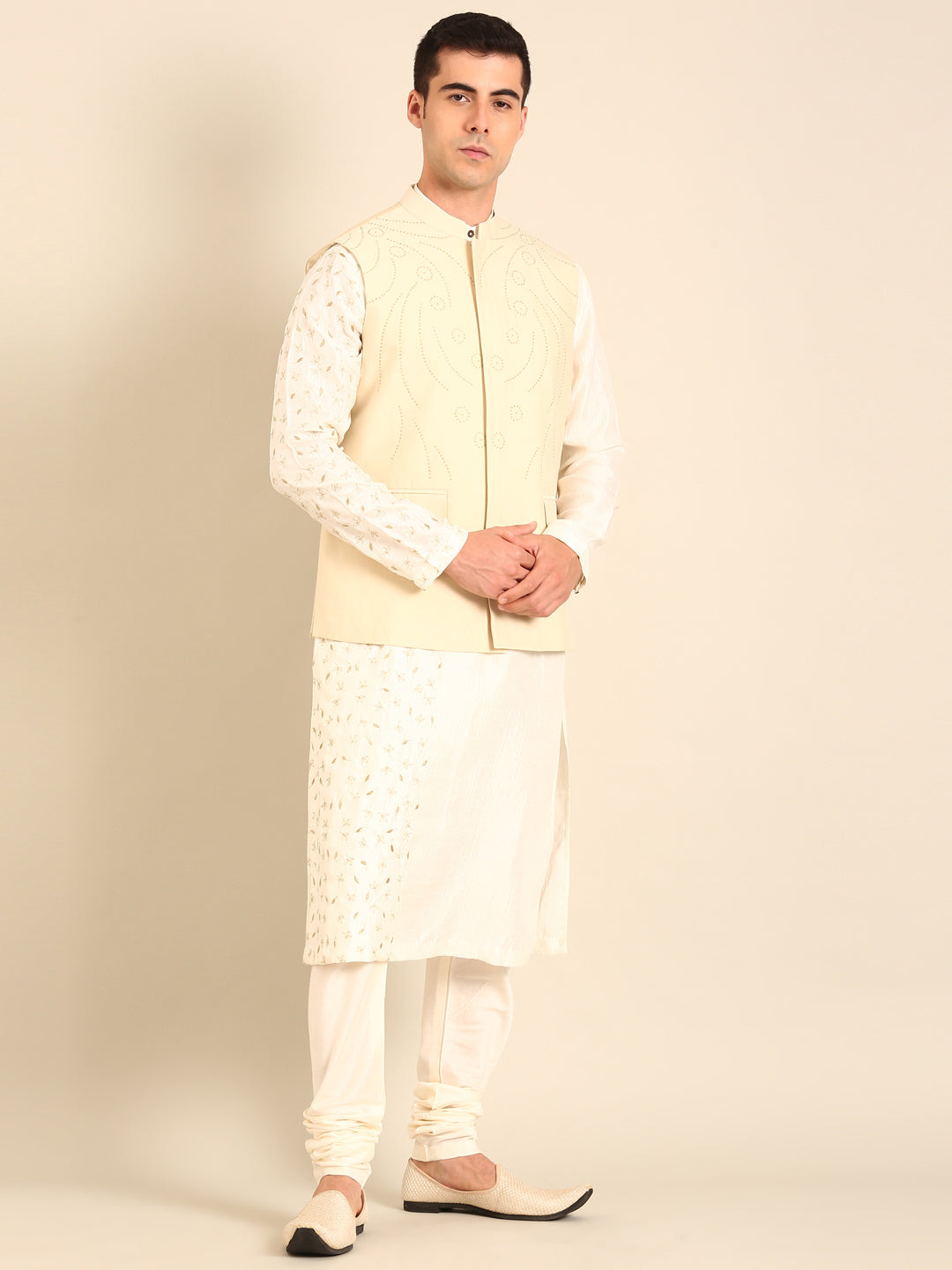Beige Silk Cotton Nehru Jacket