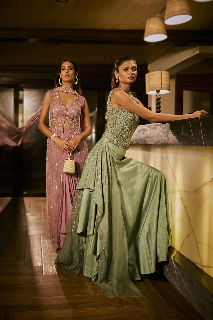 Mint green lehenga set with an embellished blouse