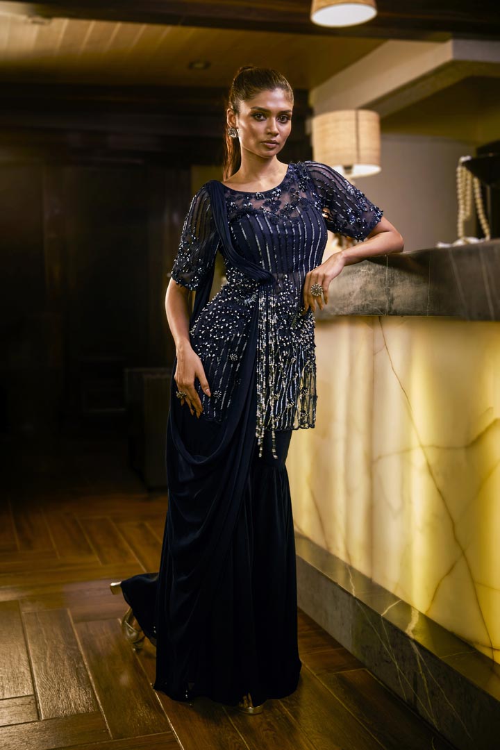 Midnight Blue sharara set with pearl and bead embellishments