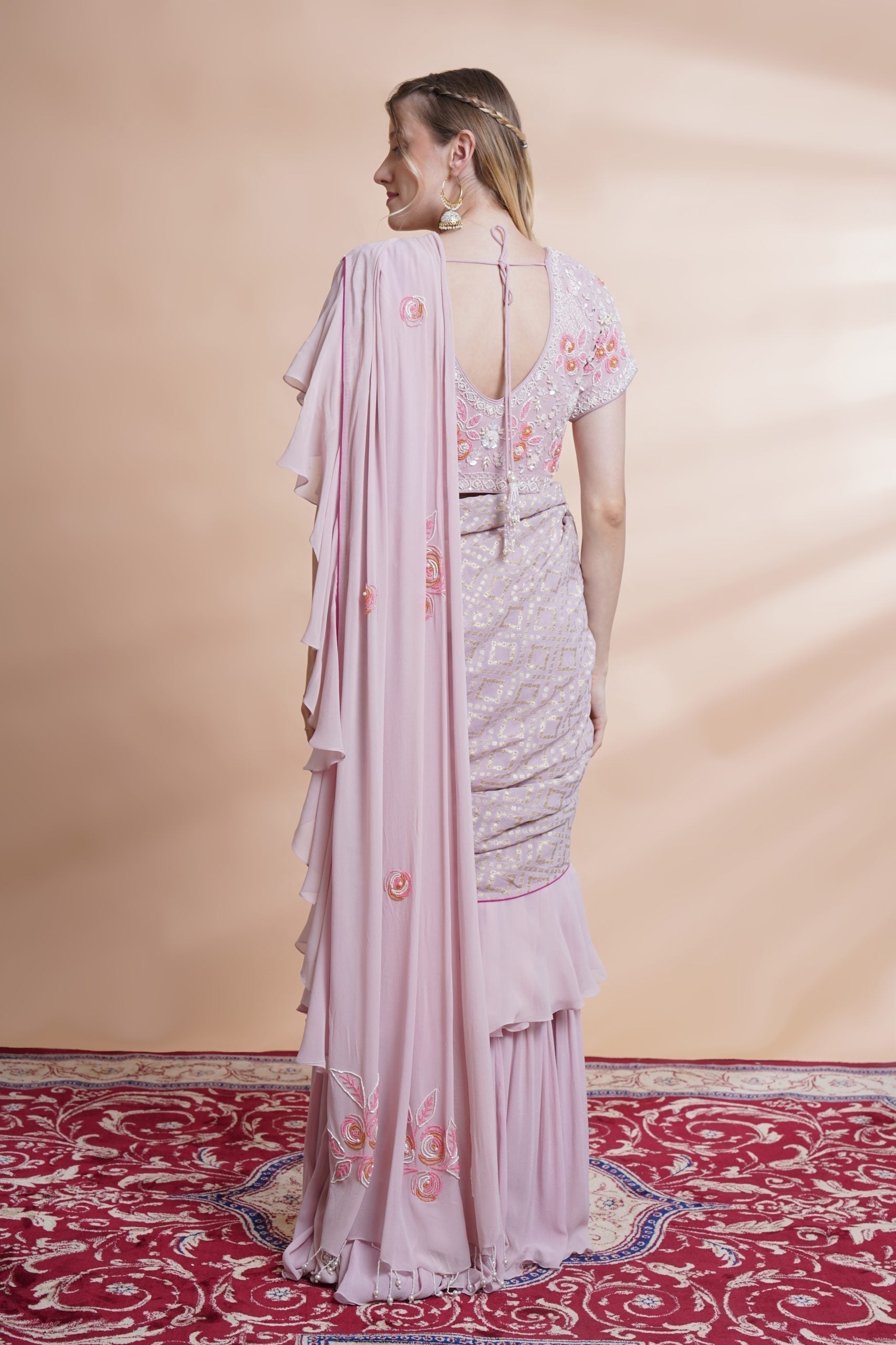 Image of Mauve georgette drape saree set