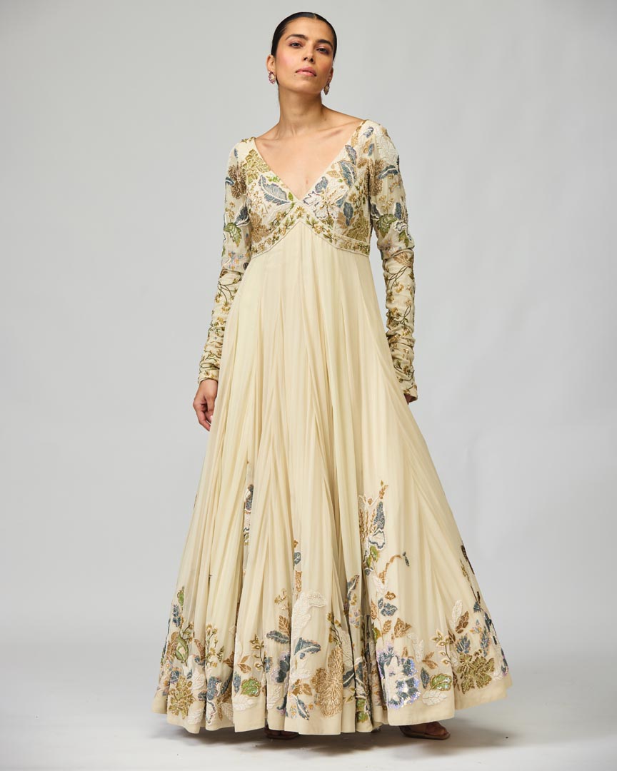 Ivory Thread Work Silk Georgette Anarkali Set for Festive Occasions