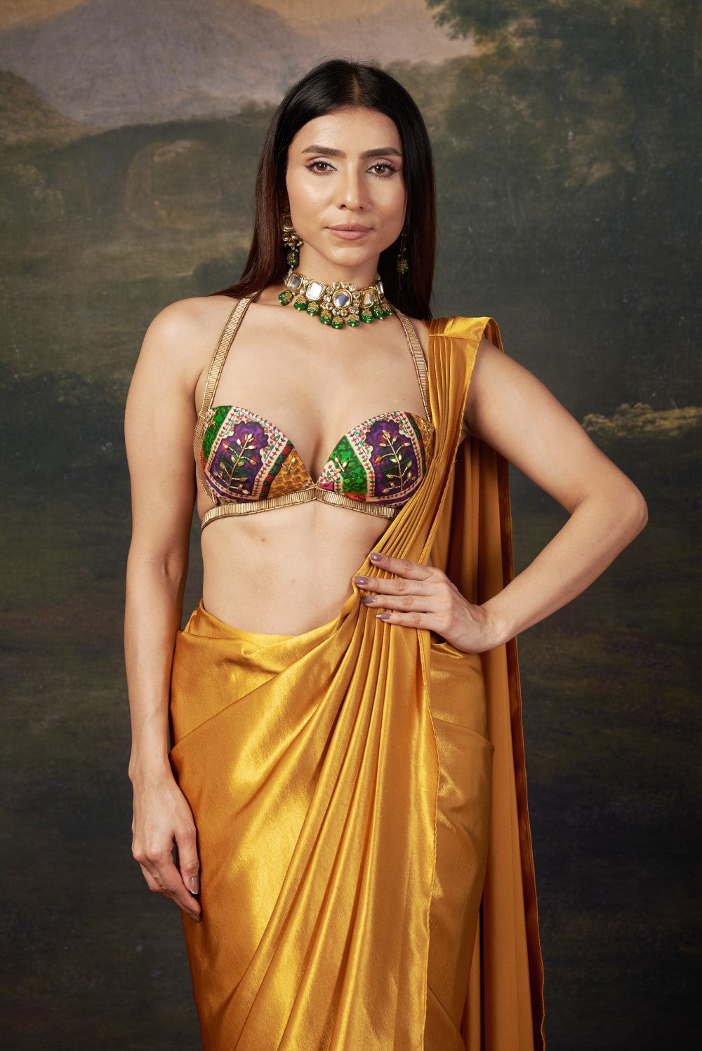Bold Bralette Blouse with Hand-Embellished Liquid Gold Pre-Draped Saree