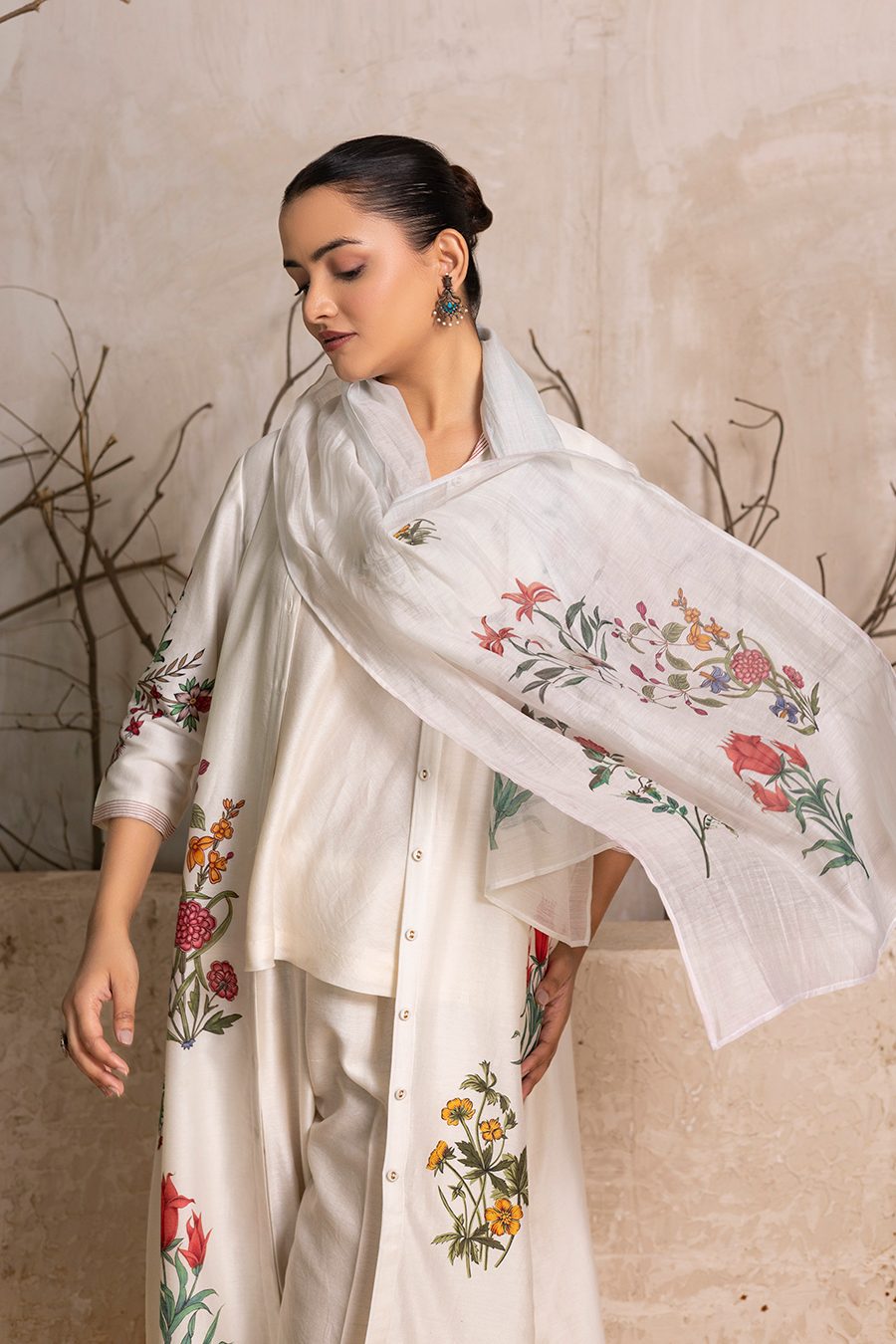 Ivory Silk Chanderi Floral Printed Front Open Dress (1 PC)