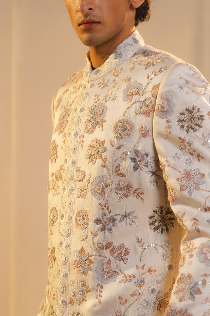 Ivory silk hand painted and hand embroidered sherwani set