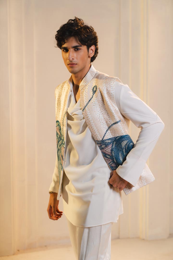 ivory hand embroidered nehru jacket set