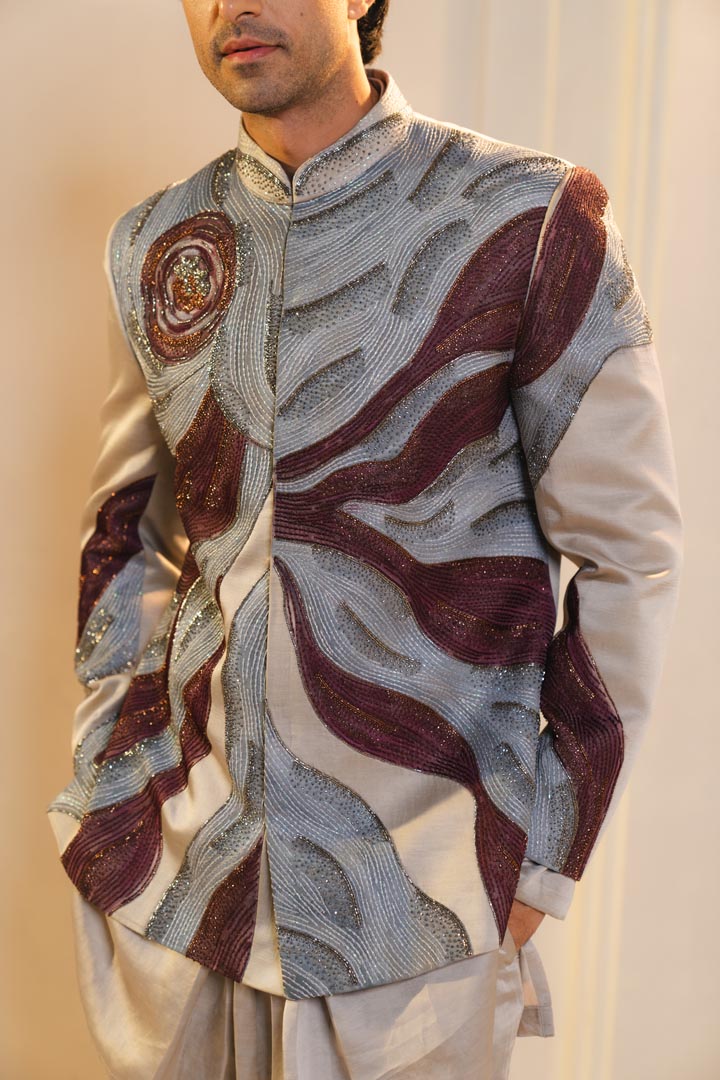 silver and wine handpainted silk bandhgala set