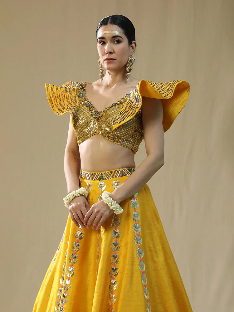 yellow modern baraat lehnga set