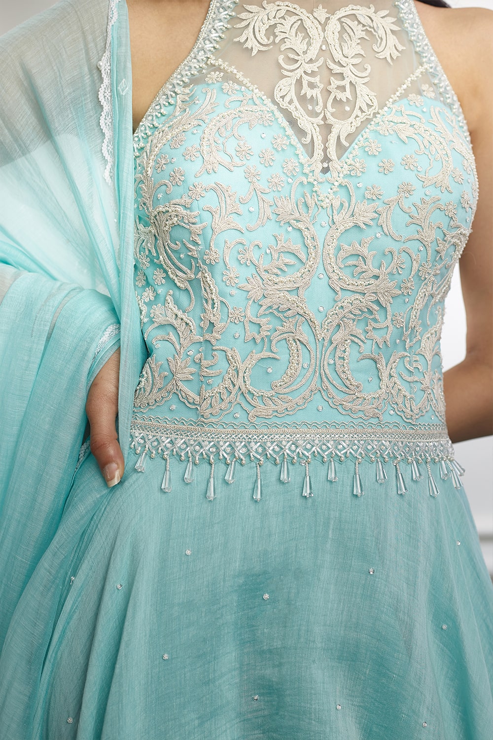 Aqua Pearl Embellishment Anarkali Set