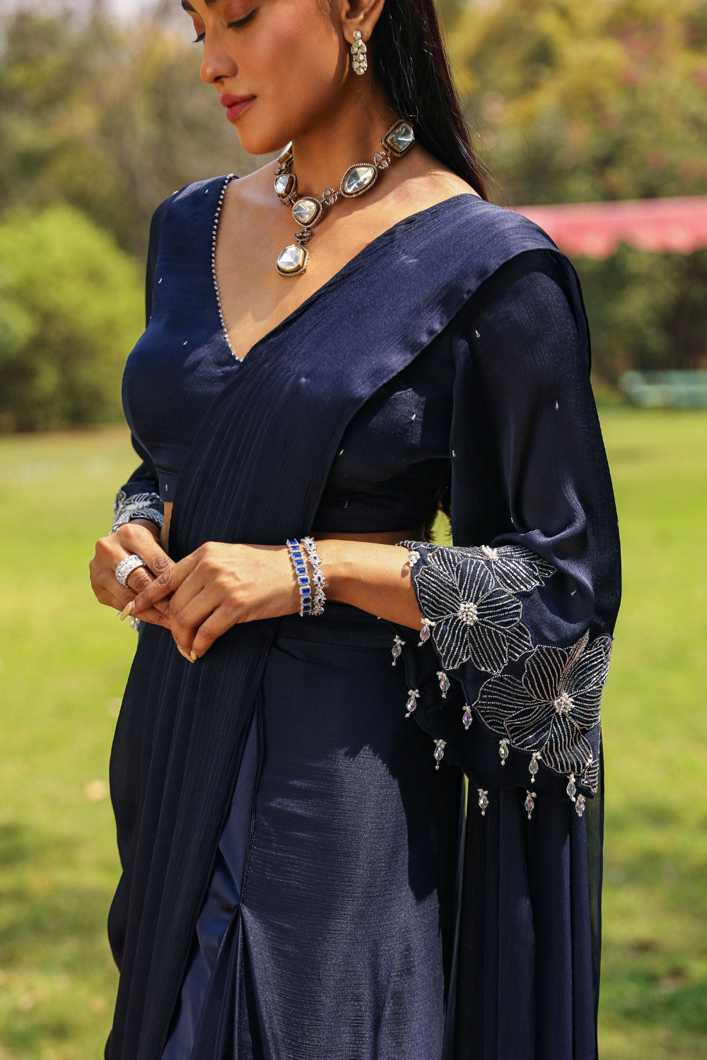 Navy Blue Dilbar Drape Saree with Crystal Droplet Bell Sleeves