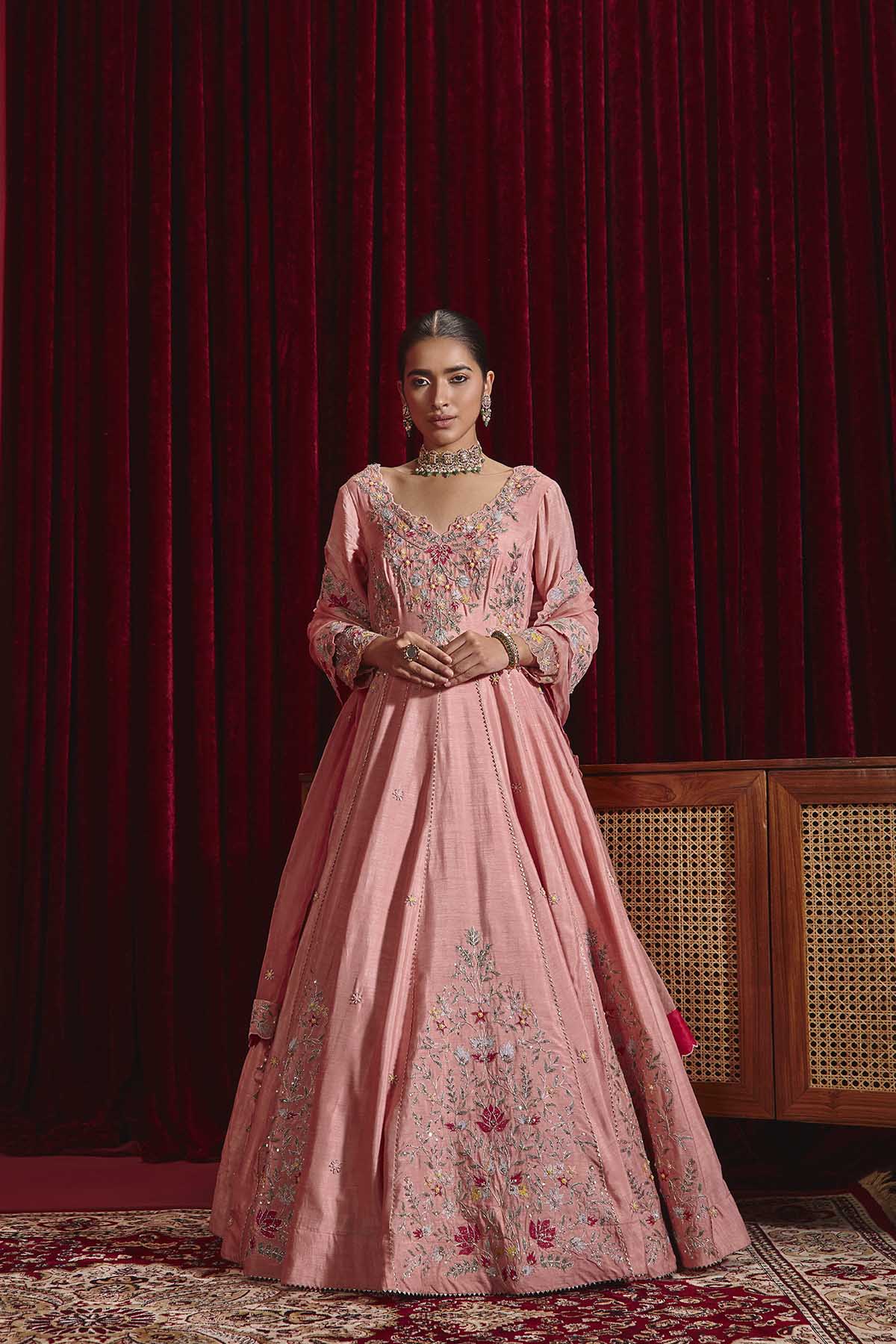 Naira Rose Pink Embroidered Anarkali Set in Dupion Silk