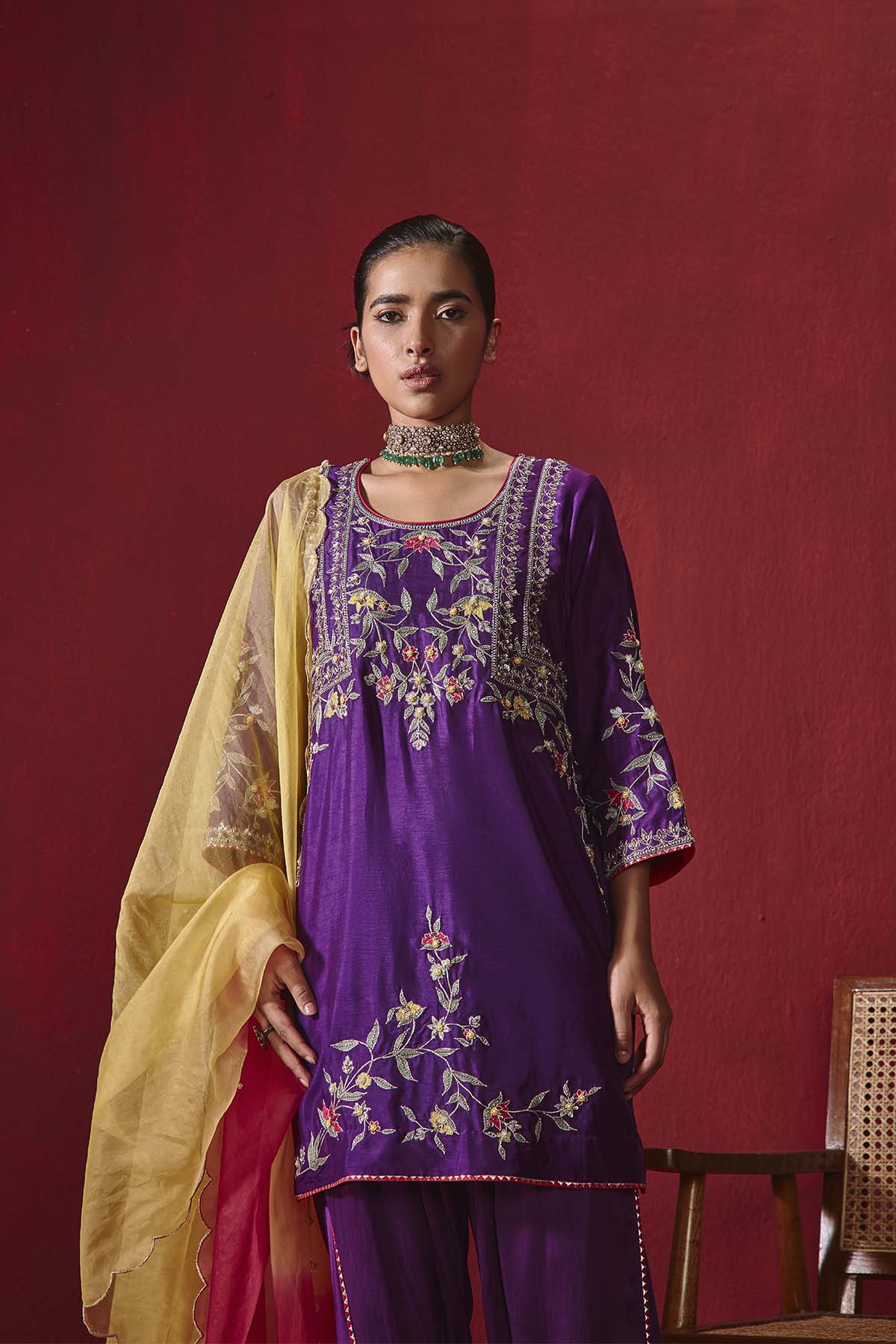 Purple Embroidered Silk Kurta with Dhoti and Ombre Organza Dupatta