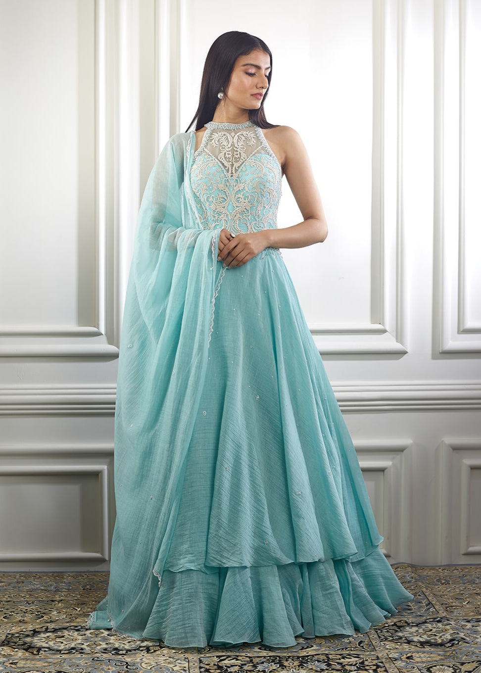 Aqua Pearl Embellishment Anarkali Set