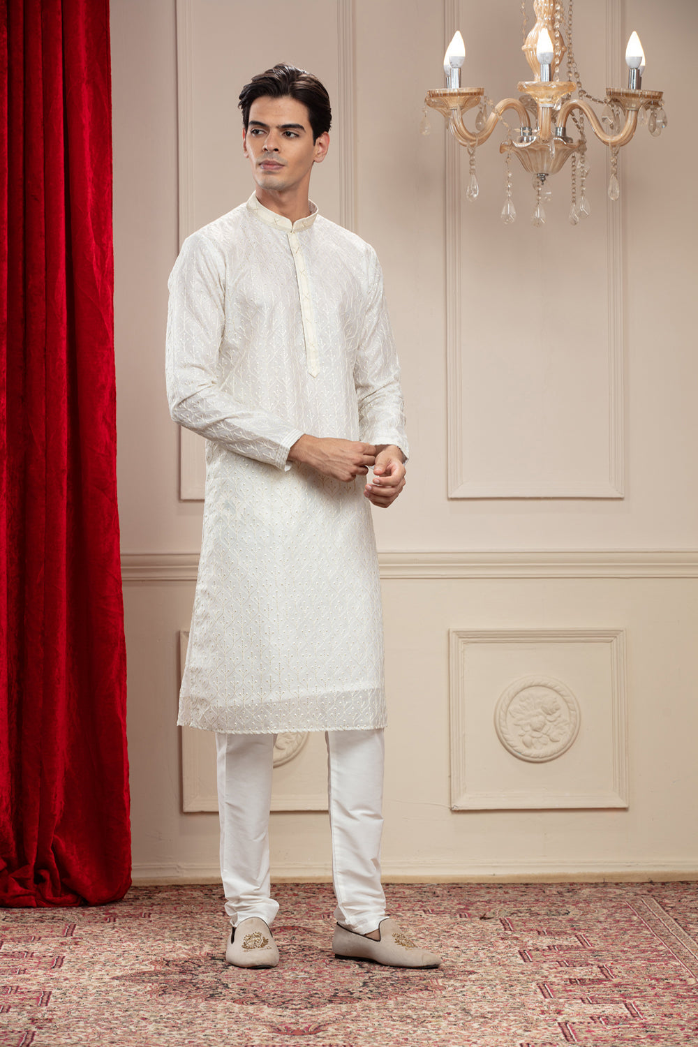 Snow White Plain Splendid Silk Kurta Pajama Set