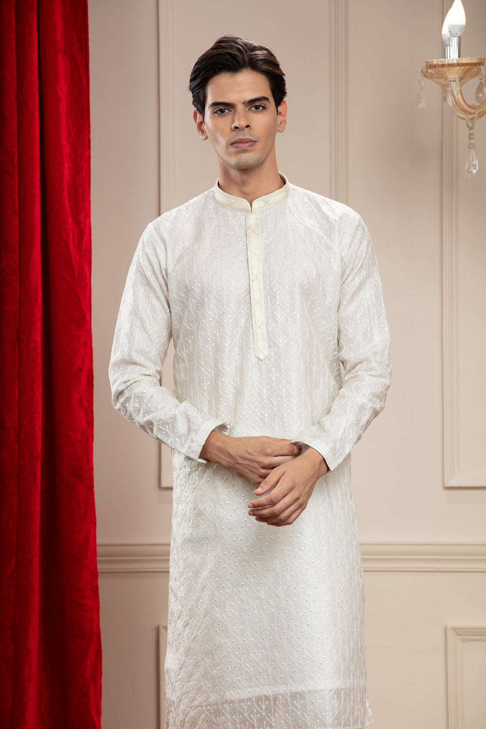 Snow White Plain Splendid Silk Kurta Pajama Set