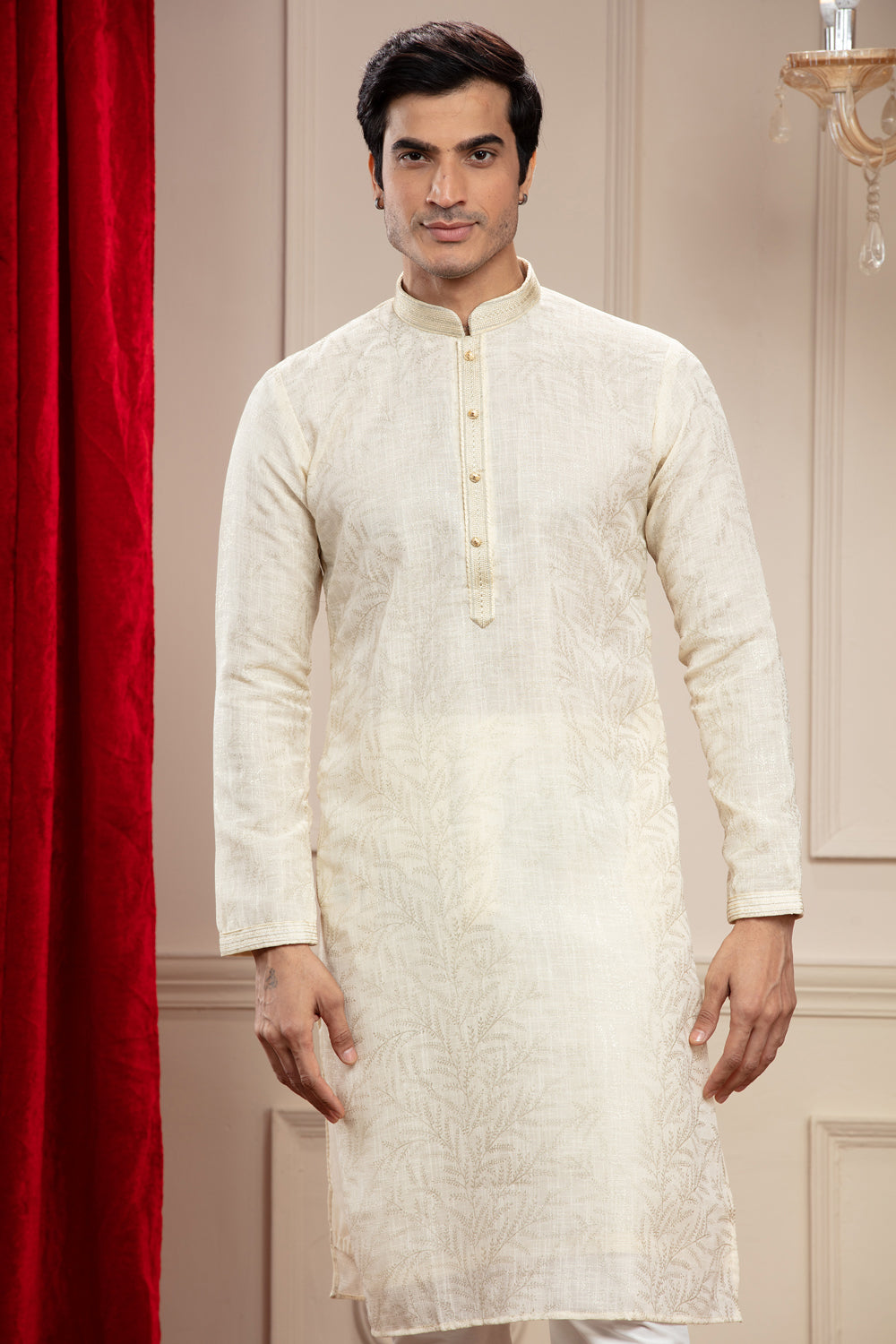 Cream White Plain Splendid Silk Kurta Pajama Set