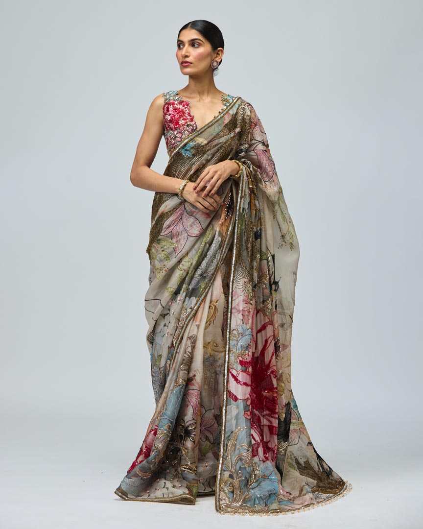 Nature Print Green Organza Saree Set - Elegant Traditional Wear
