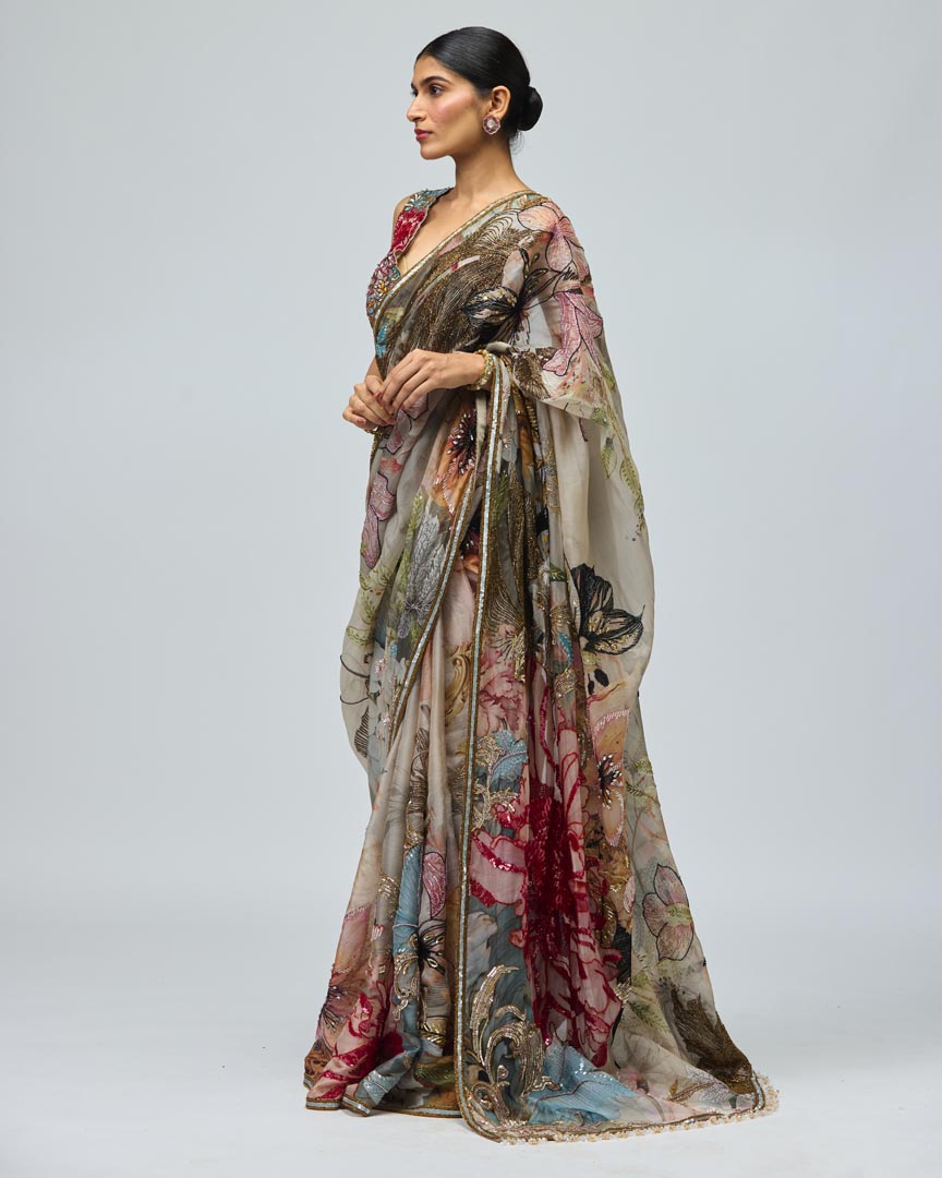 Nature Print Green Organza Saree Set - Elegant Traditional Wear