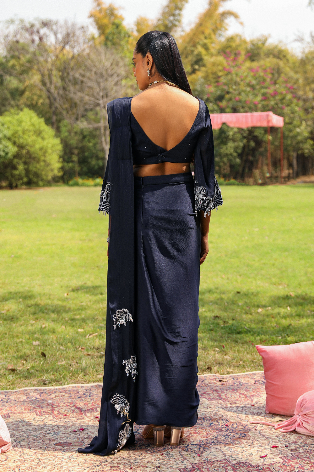 Navy Blue Dilbar Drape Saree with Crystal Droplet Bell Sleeves