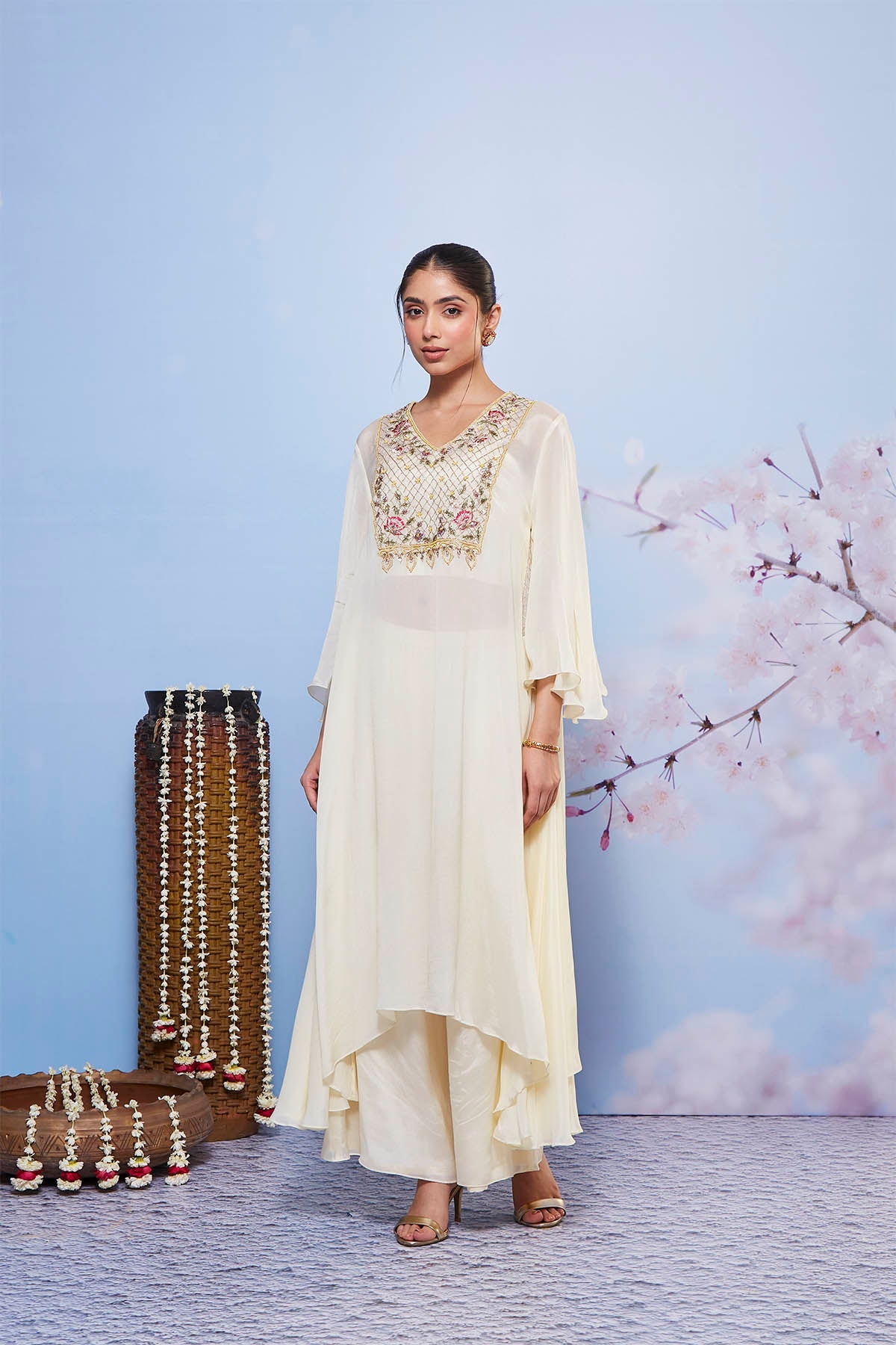 Ivory Asymmetrical Chiffon Kurta Set with Intricate Yoke Embroidery
