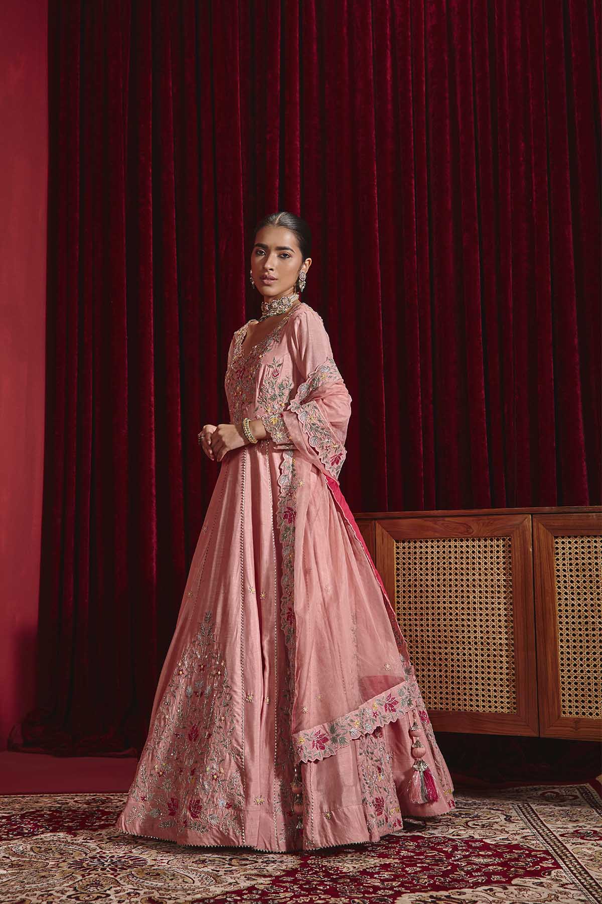 Naira Rose Pink Embroidered Anarkali Set in Dupion Silk