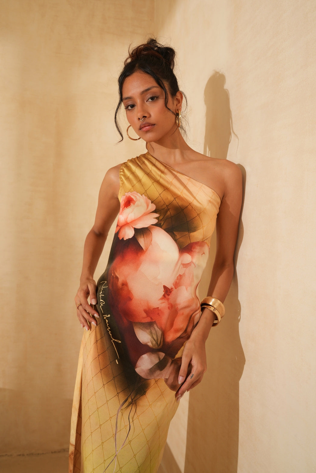 Golden One-Shoulder Halter Silk Dress - Elegant Evening Occasion Wear