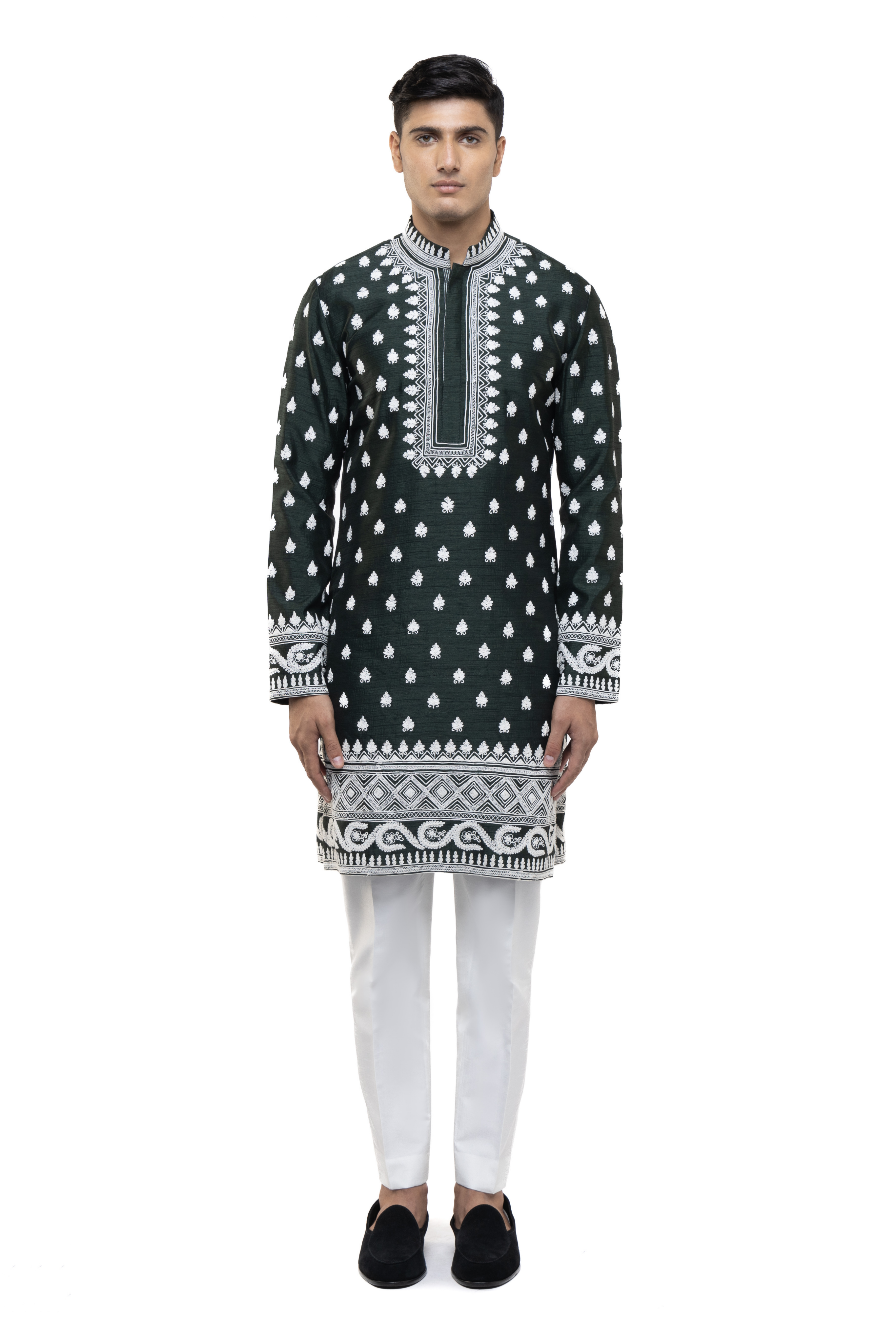 Green & White Silk Dori Embroidery Kurta Set