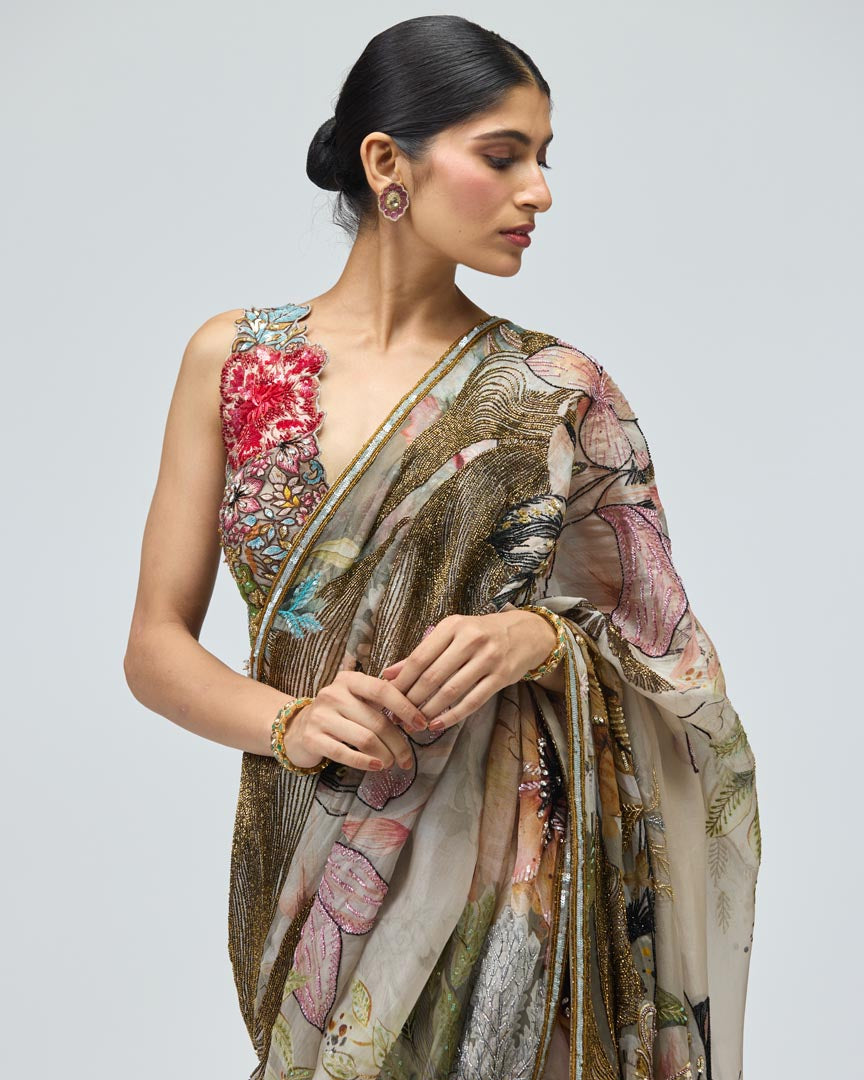 Nature Print Green Organza Saree Set - Elegant Traditional Wear