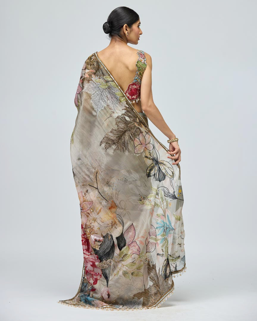 Nature Print Green Organza Saree Set - Elegant Traditional Wear