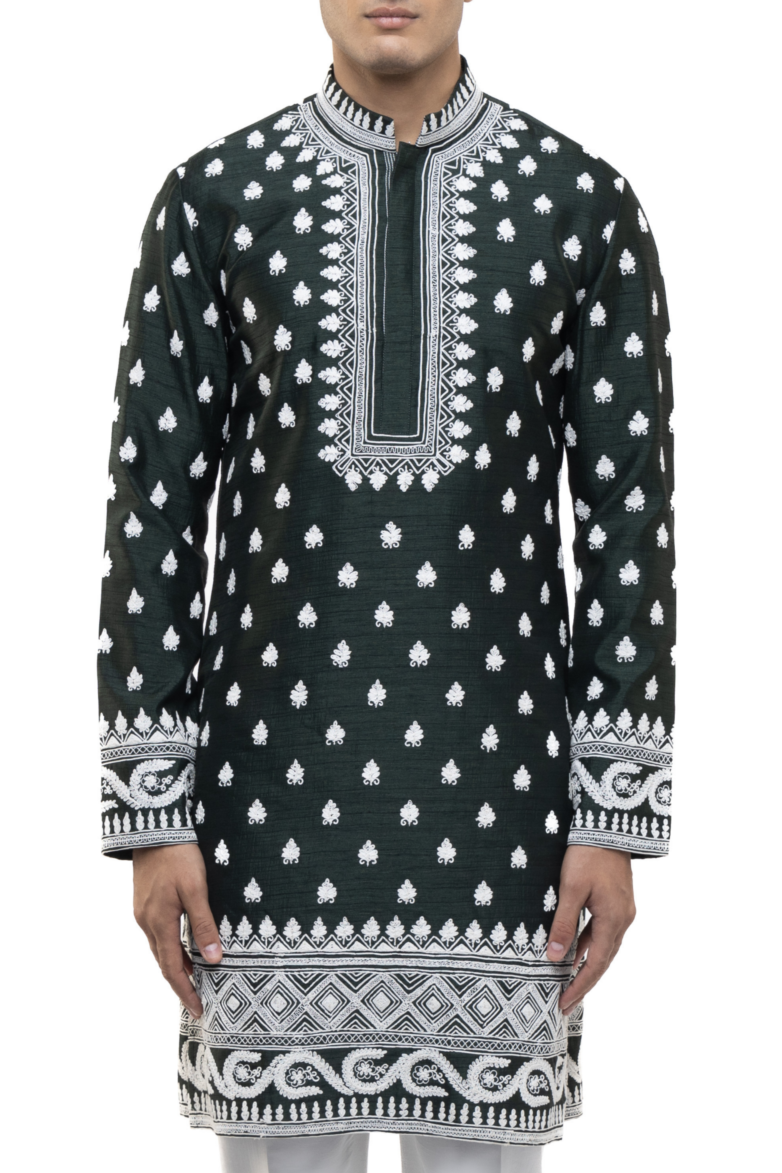 Green & White Silk Dori Embroidery Kurta Set
