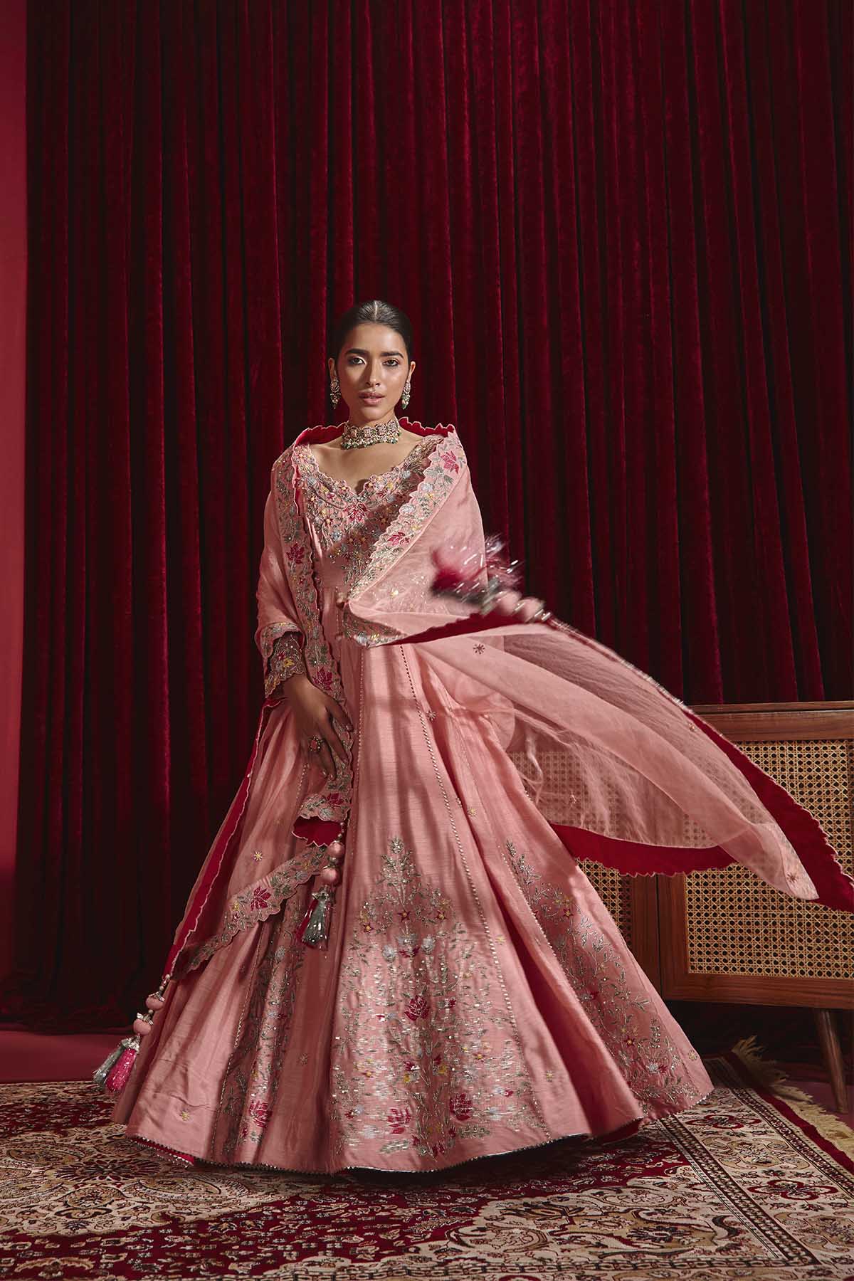 Naira Rose Pink Embroidered Anarkali Set in Dupion Silk