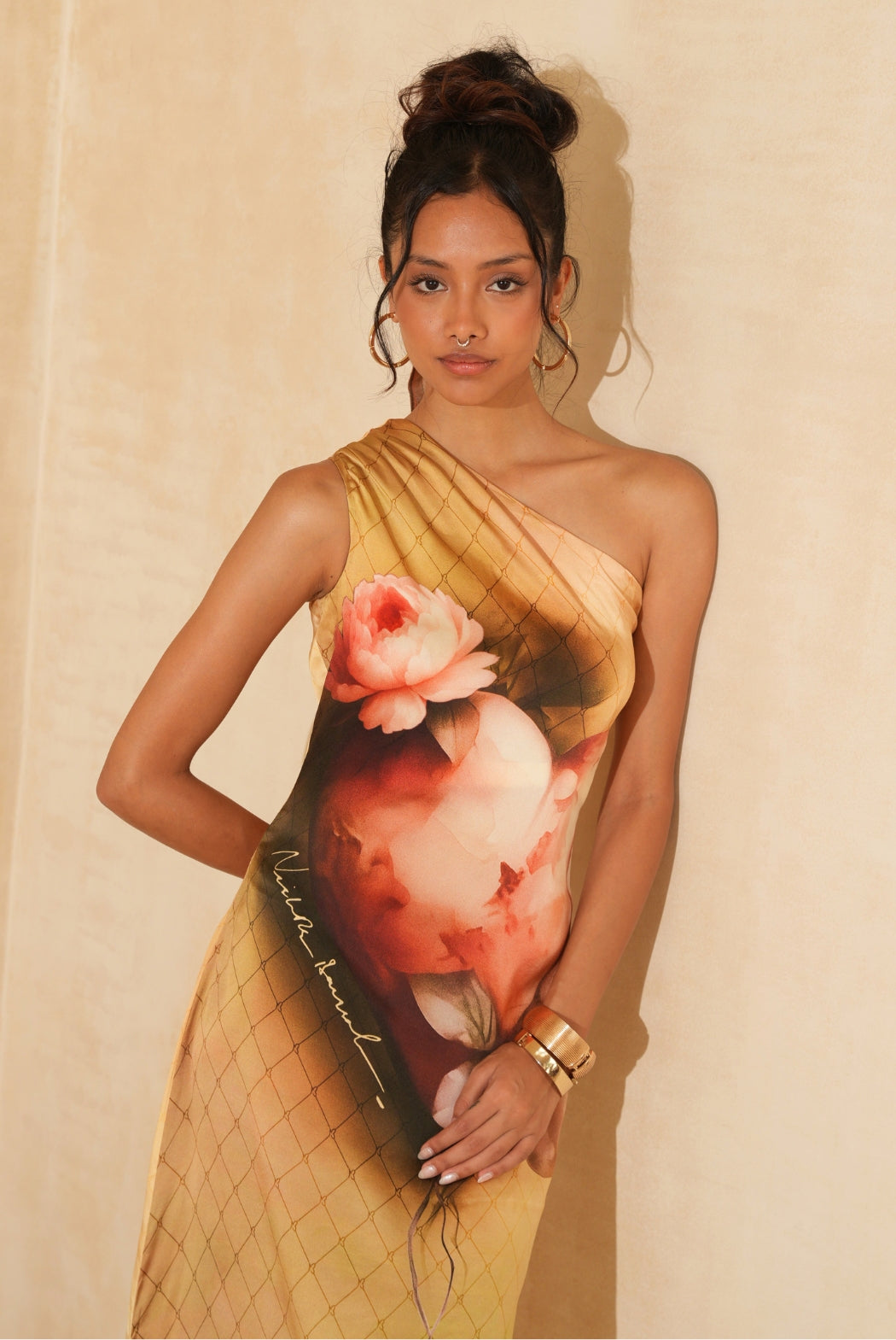 Golden One-Shoulder Halter Silk Dress - Elegant Evening Occasion Wear