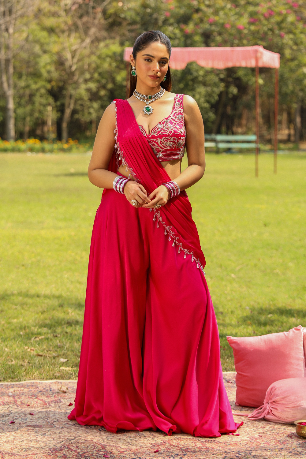Karishma Rani Pink Pre-Draped Sharara Saree with Dori Embroidery