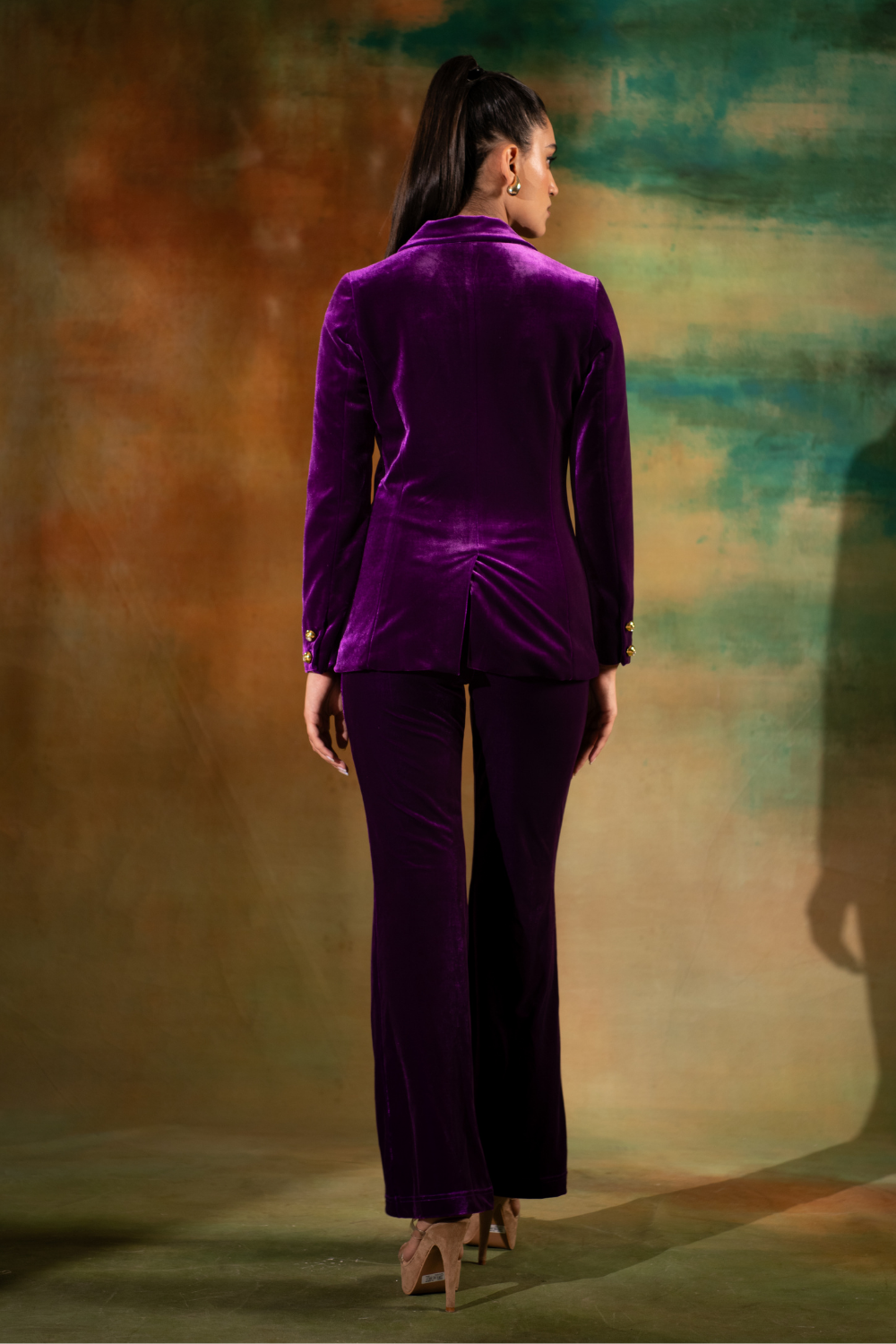 Karishma Mehta Zuri Purple Silk Velvet Power Shoulder Co-ord Set