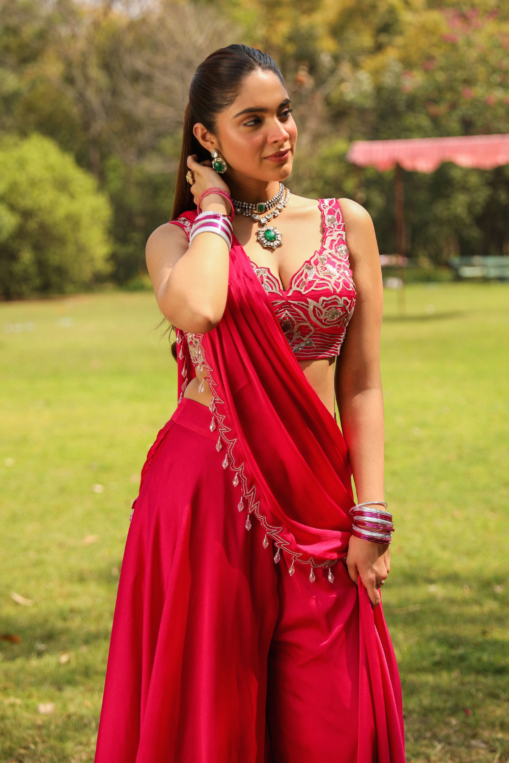 Karishma Rani Pink Pre-Draped Sharara Saree with Dori Embroidery