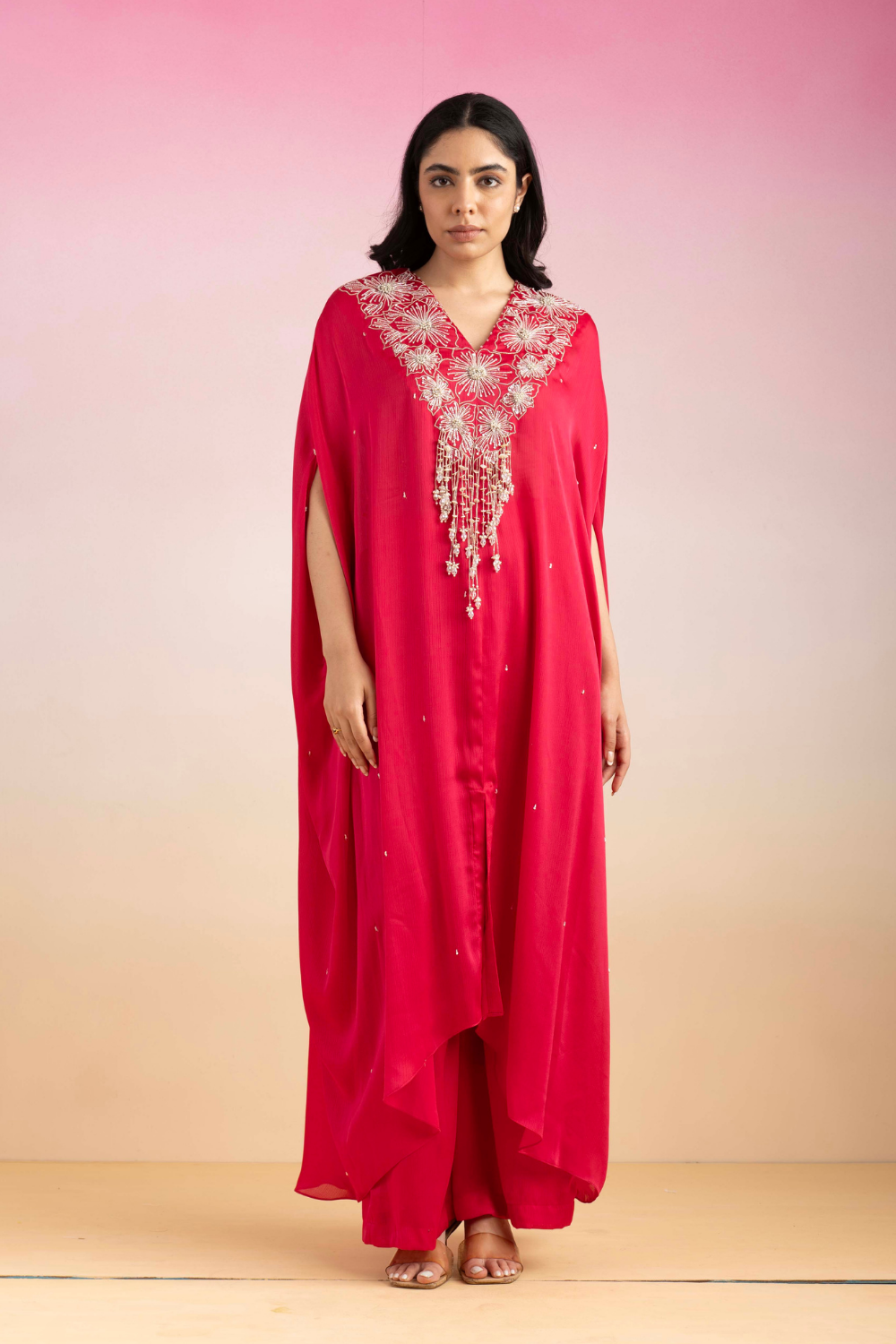 Bulbul Rani Pink Chiffon Kaftan Set with Crystal Strings
