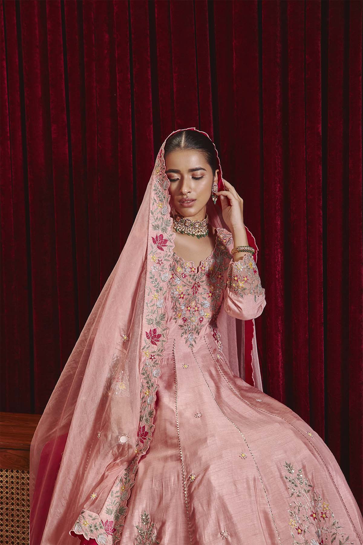 Naira Rose Pink Embroidered Anarkali Set in Dupion Silk