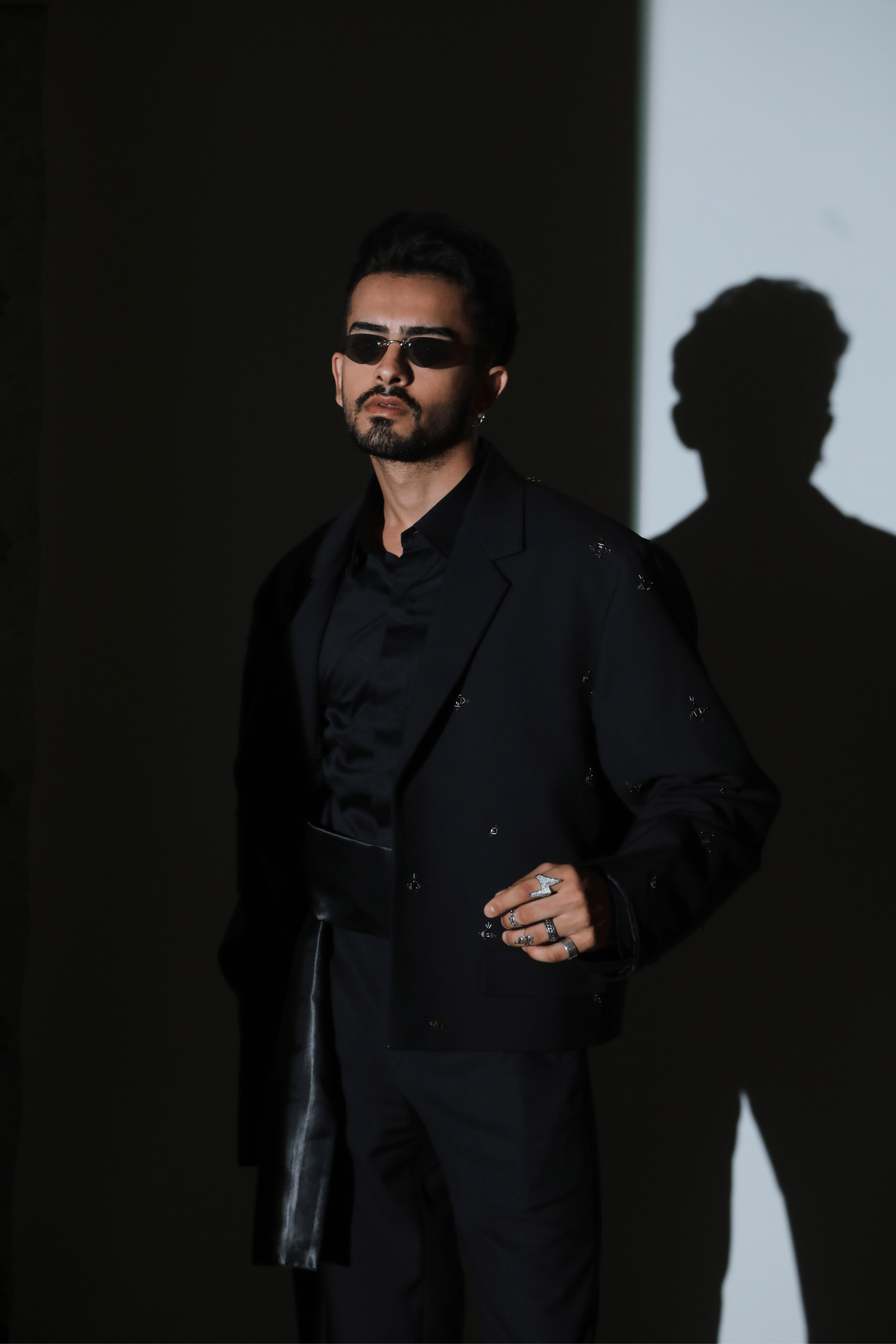 Black Worsted Wool Motifs Embellished Cropped Jacket