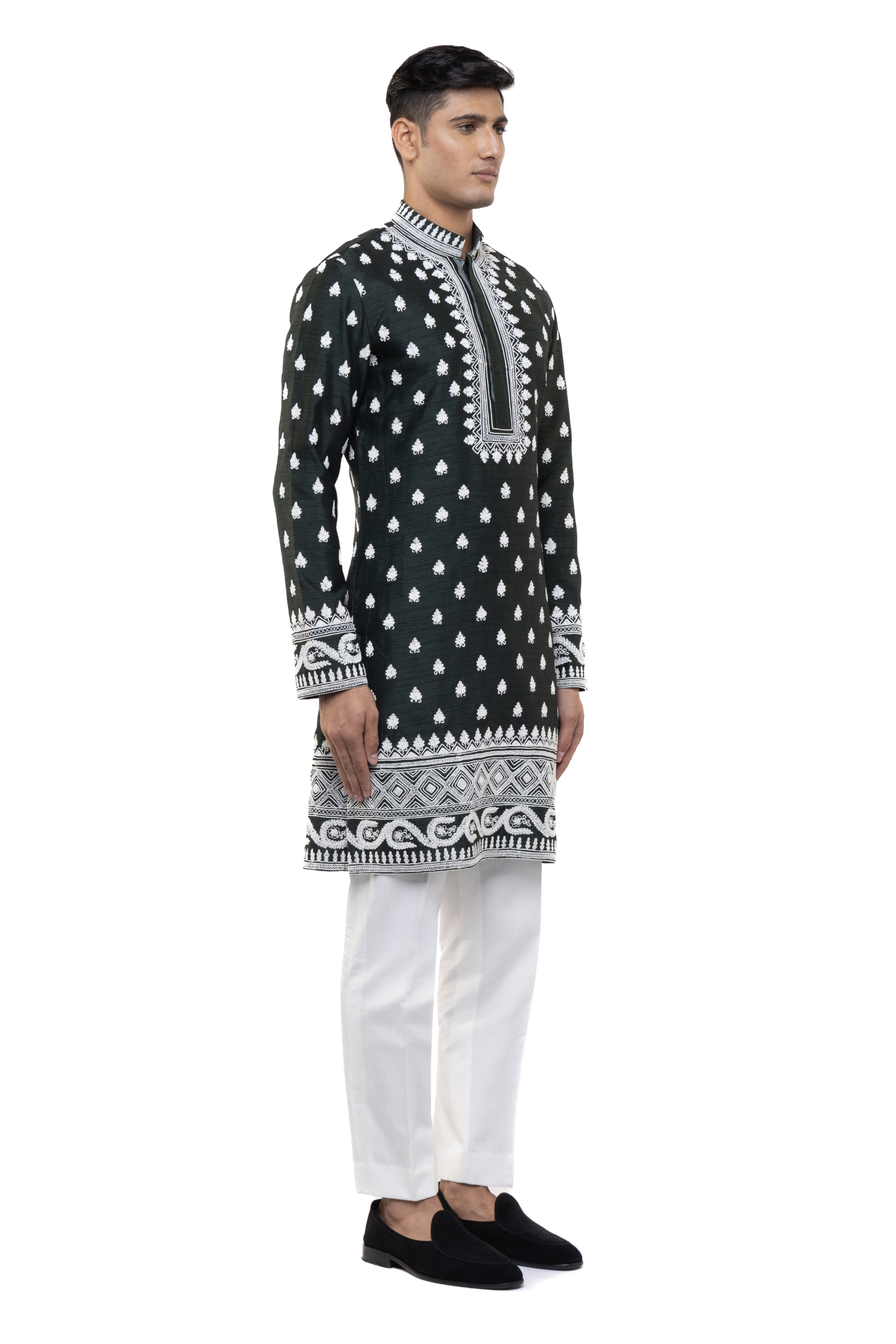 Green & White Silk Dori Embroidery Kurta Set