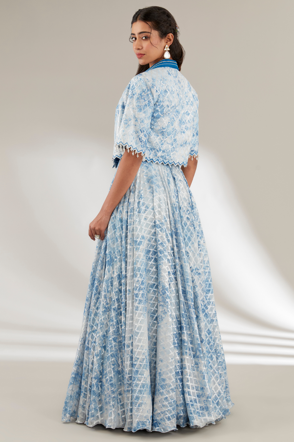 Blue Opada Silk Naya Jacket Set with Leaf Scalped Lapel