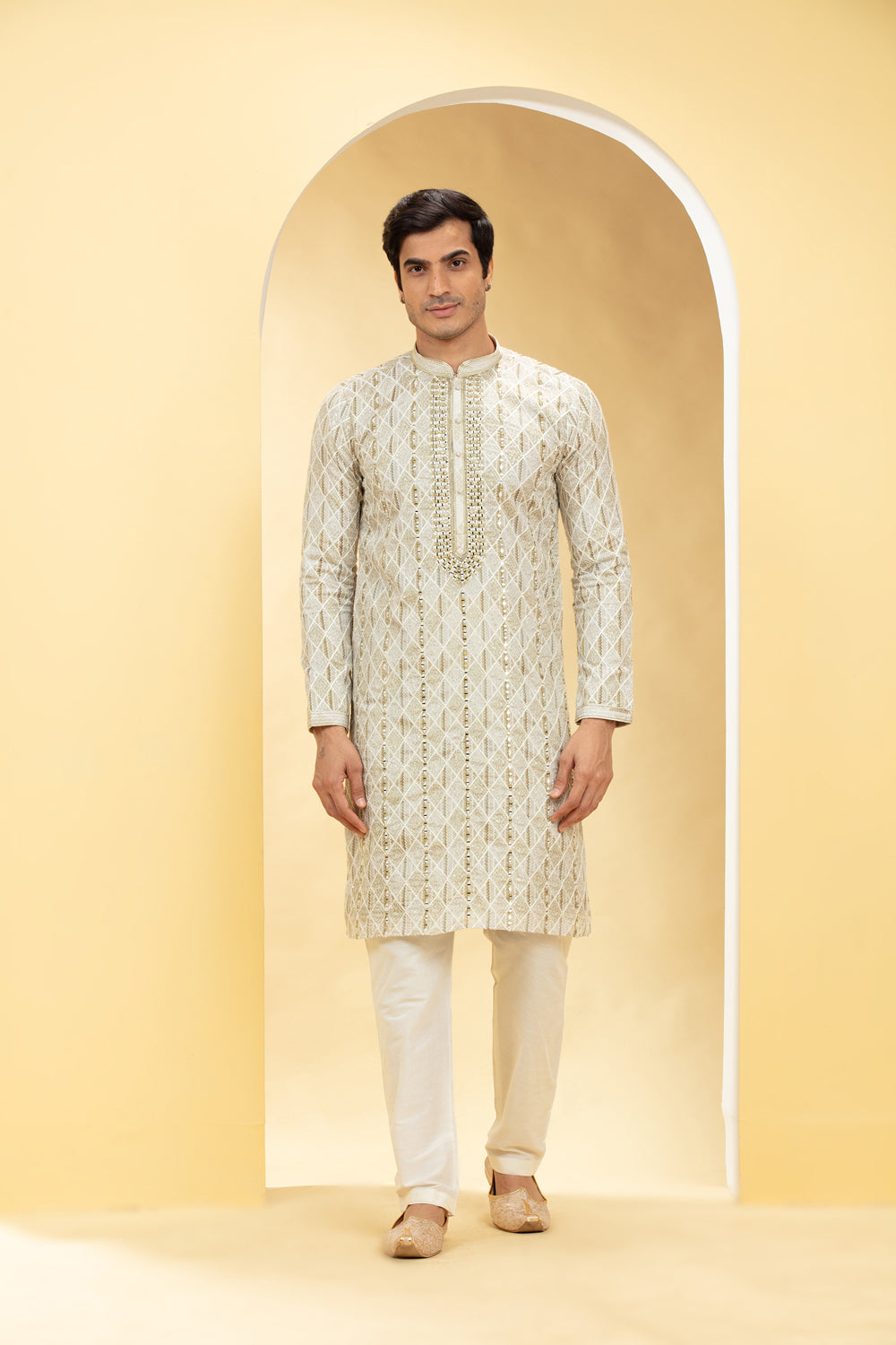 Multicoloured Lucknowi Kurta Pajama Set With Resham And Thread Work - Auraya Fashion - Riyaasat Men - #tag1# - #tag2# - #tag3# - #tag3#