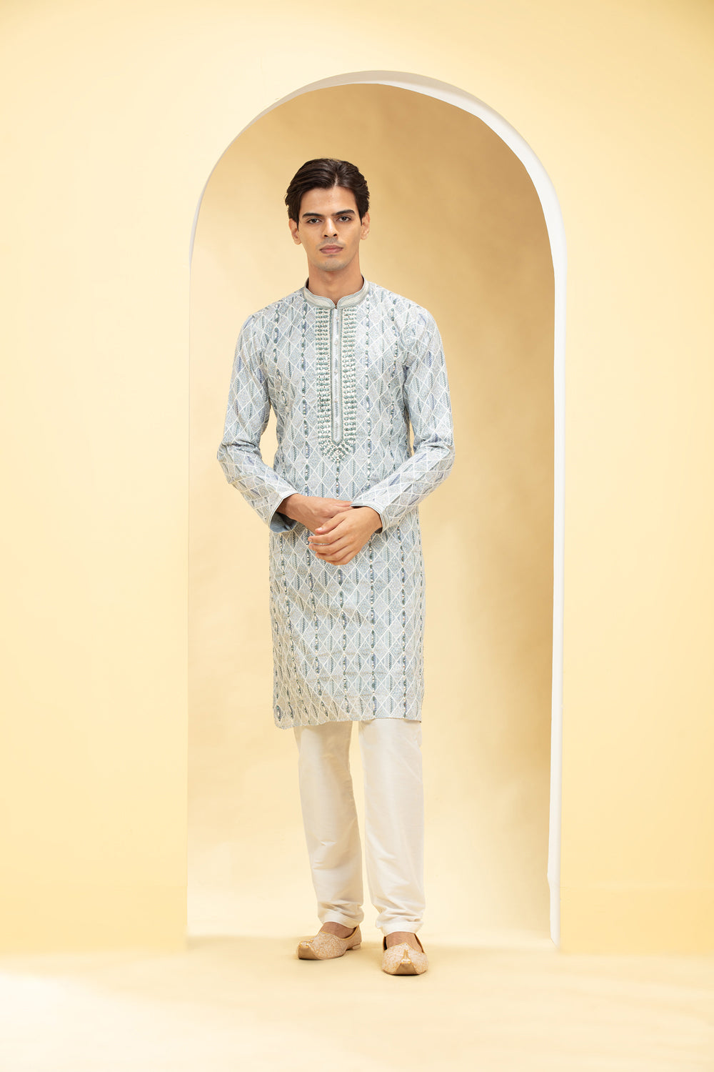 Silver Grey Kurta Pajama Set With Lucknowi Mirror Work - Auraya Fashion - Riyaasat Men - #tag1# - #tag2# - #tag3# - #tag3#