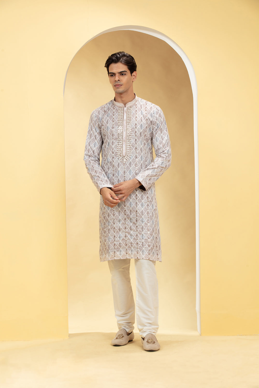 Multicolour Lucknowi Kurta Pajama Set With Resham And Thread Work - Auraya Fashion - Riyaasat Men - #tag1# - #tag2# - #tag3# - #tag3#