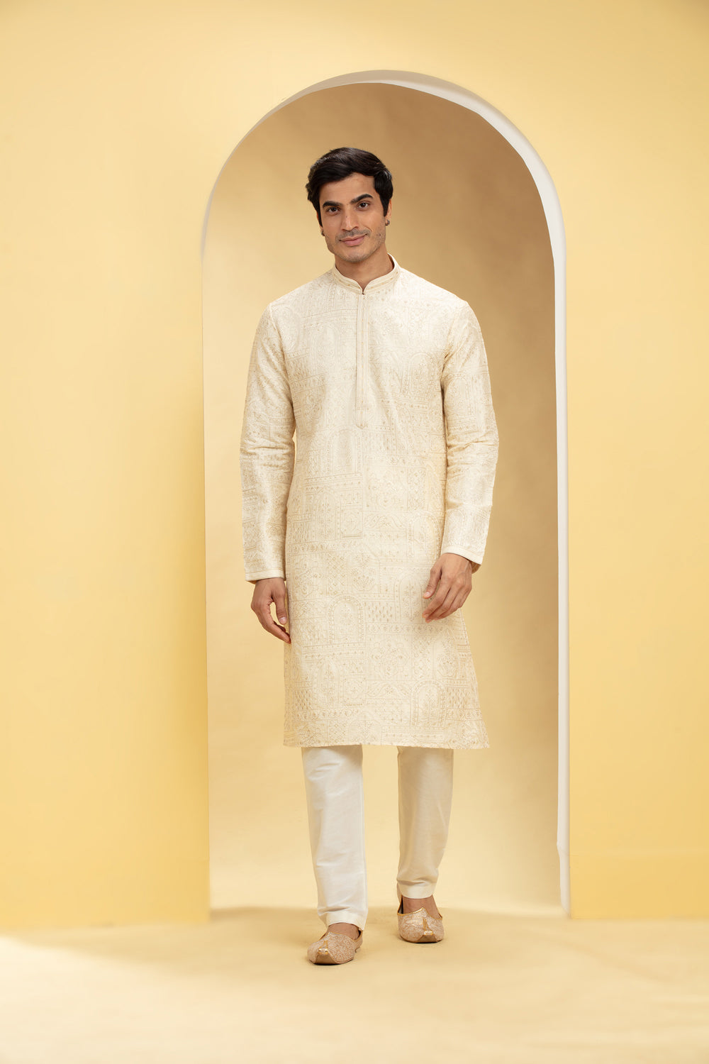 Cream White Silk Kurta Pajama Set With Self Thread Work - Auraya Fashion - Riyaasat Men - #tag1# - #tag2# - #tag3# - #tag3#