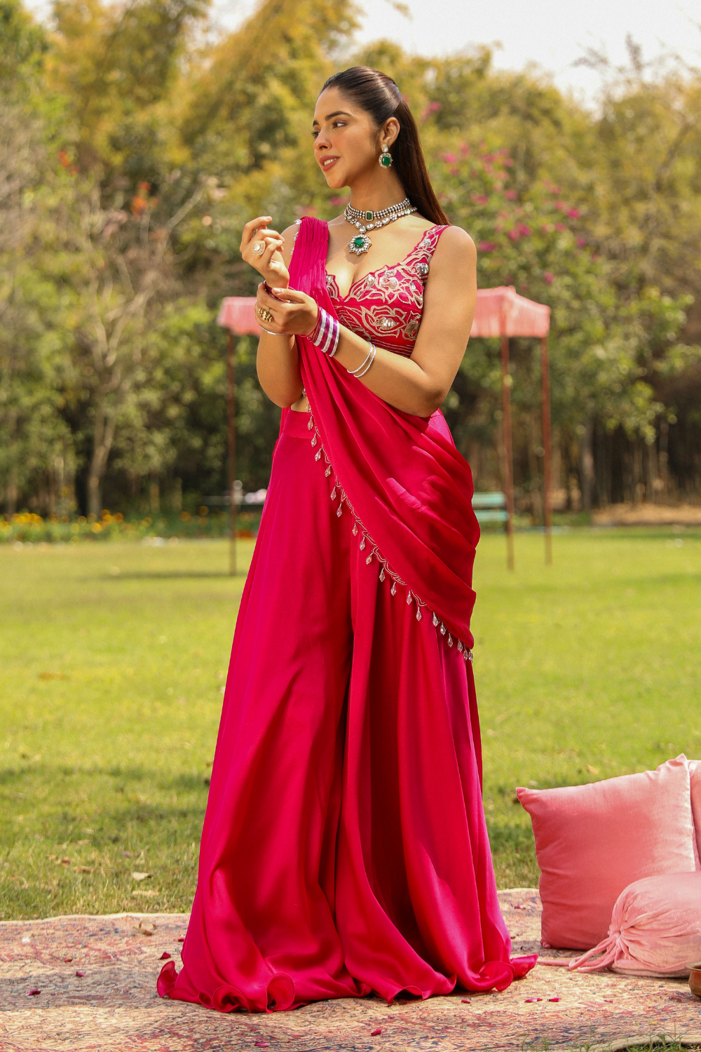 Karishma Rani Pink Pre-Draped Sharara Saree with Dori Embroidery
