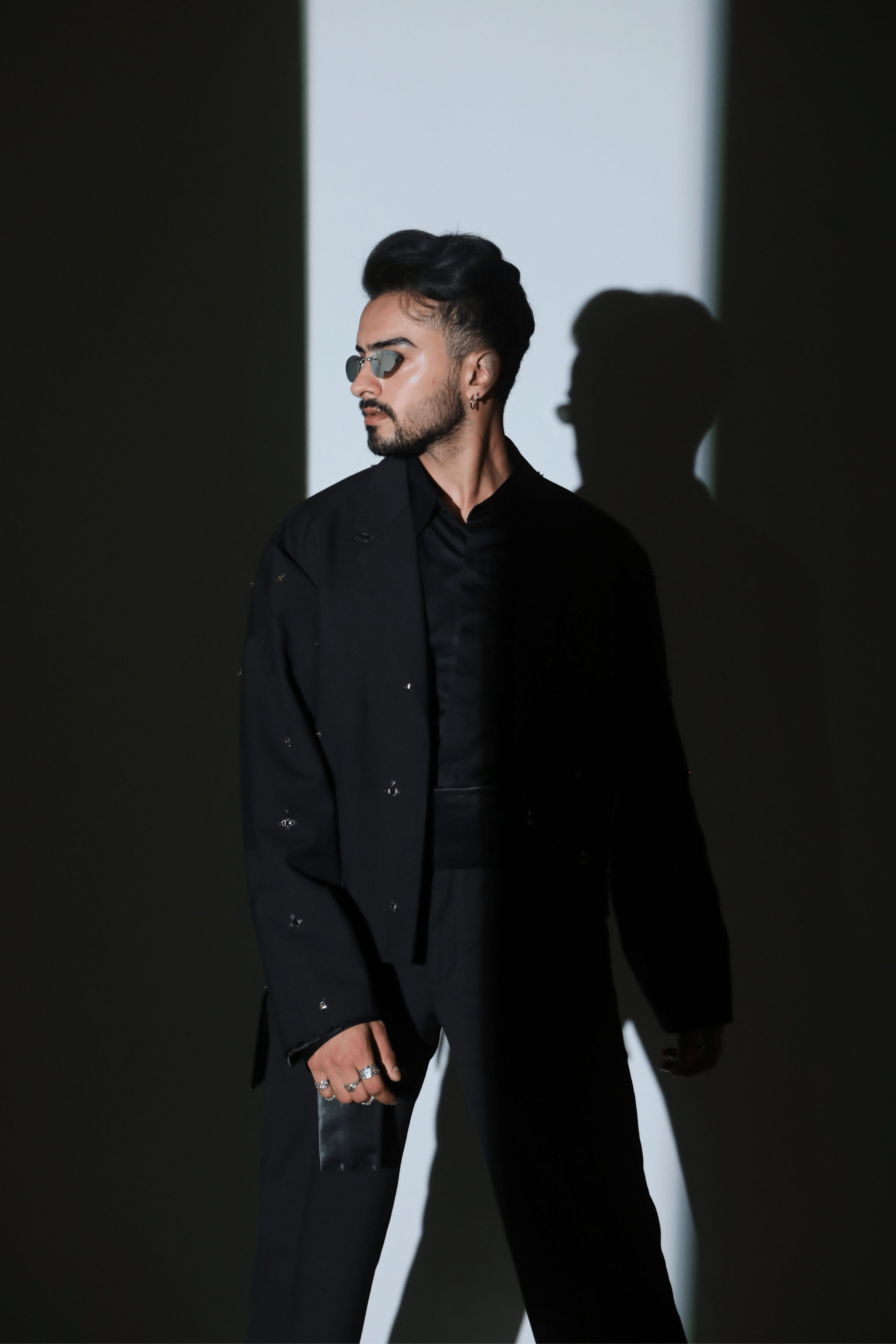 Black Worsted Wool Motifs Embellished Cropped Jacket