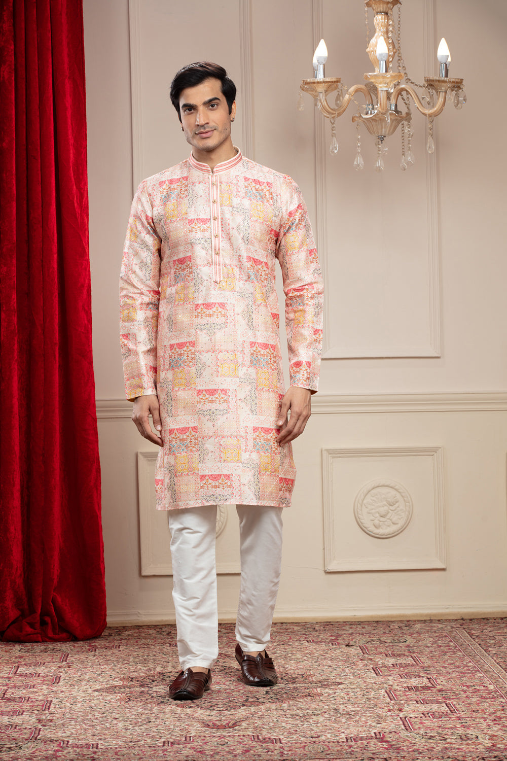 Melon Peach Banarasi Printed Silk Kurta Pajama Set